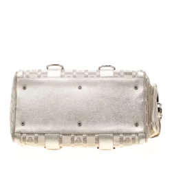 Versace Beige Metallic Signature Fabric And Leather Snap Out Of It Satchel For Women -Versace Official Website luxury women versace used handbags p199733 011