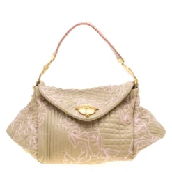 Versace Beige/Pink Quilted Barocco Leather Top Handle Bag For Women