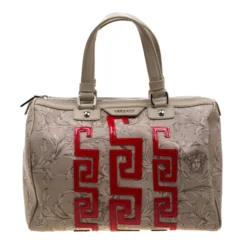 Versace Beige/Red Brocco Printed Leather Boston Bag For Women