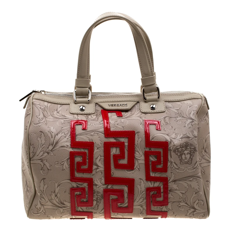 Versace Beige/Red Brocco Printed Leather Boston Bag For Women 1 Versace Beige/Red Brocco Printed Leather Boston Bag For Women