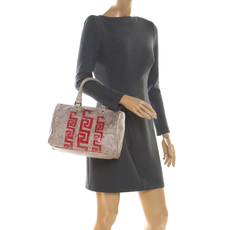 Versace Beige/Red Brocco Printed Leather Boston Bag For Women 2 Versace Beige/Red Brocco Printed Leather Boston Bag For Women - Image 2