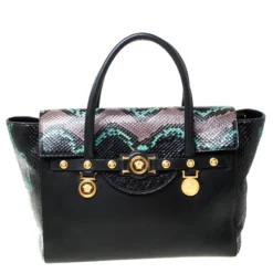 Versace Black Leather And Python Embossed Tote For Women