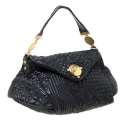 Versace Black Quilted Barocco Leather Top Handle Bag For Women -Versace Official Website luxury women versace used handbags p215404 007