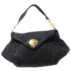 Versace Black Quilted Barocco Leather Top Handle Bag For Women