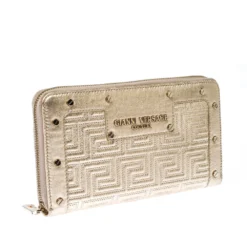 Versace Gold Metallic Quilted Leather Studded Zip Around Wallet For Women -Versace Official Website luxury women versace used handbags p225040 011