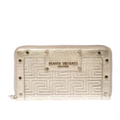 Versace Gold Metallic Quilted Leather Studded Zip Around Wallet For Women