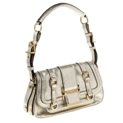 Versace Gold Metallic Leather Buckle Flap Shoulder Bag For Women -Versace Official Website luxury women versace used handbags p226872 007