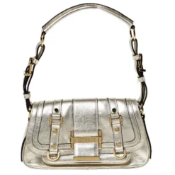 Versace Gold Metallic Leather Buckle Flap Shoulder Bag For Women