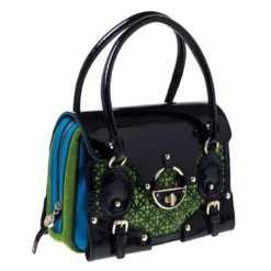 Versace Multicolor Suede And Patent Leather Lazer Cut Satchel For Women -Versace Official Website luxury women versace used handbags p230329 011