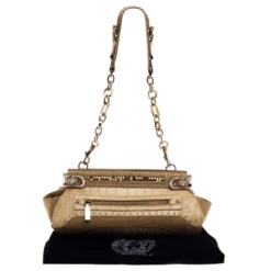 Versace Cream Crocodile Embossed Leather Studded Frame Shoulder Bag For Women -Versace Official Website luxury women versace used handbags p234542 012