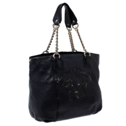 Versace Black Perforated Logo Leather Chain Hobo For Women -Versace Official Website luxury women versace used handbags p241830 004