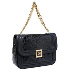 Versace Black Leather And Patent Leather Chain Flap Shoulder Bag For Women -Versace Official Website luxury women versace used handbags p244744 002