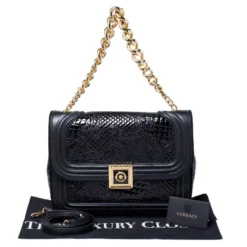 Versace Black Leather And Patent Leather Chain Flap Shoulder Bag For Women -Versace Official Website luxury women versace used handbags p244744 1573624758 010