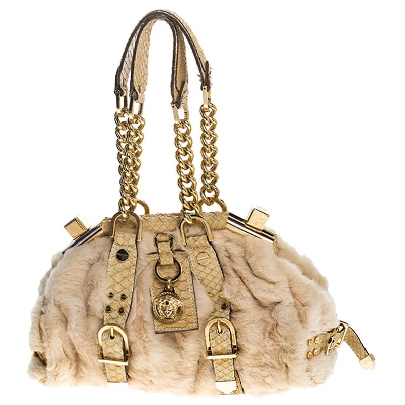 Versace Beige Rabbit Fur And Python Satchel For Women 1 Versace Beige Rabbit Fur And Python Satchel For Women