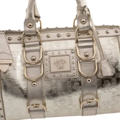 Versace Metallic Gold Leather Snap Out Of It Satchel For Women -Versace Official Website luxury women versace used handbags p247643 011