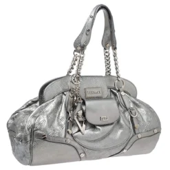 Versace Metallic Silver Leather Chain Link Satchel For Women -Versace Official Website luxury women versace used handbags p253475 001