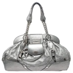 Versace Metallic Silver Leather Chain Link Satchel For Women
