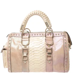 Versace Metallic Beige Python Snap Out Of It Satchel For Women -Versace Official Website luxury women versace used handbags p255151 006