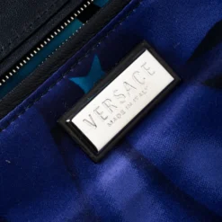 Versace Black/Navy Blue Leather Limited Edition Kiss Lock Satchel For Women -Versace Official Website luxury women versace used handbags p255656 003