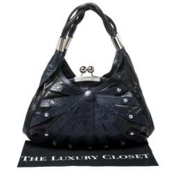Versace Black/Navy Blue Leather Limited Edition Kiss Lock Satchel For Women -Versace Official Website luxury women versace used handbags p255656 006