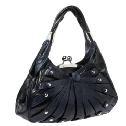 Versace Black/Navy Blue Leather Limited Edition Kiss Lock Satchel For Women -Versace Official Website luxury women versace used handbags p255656 008