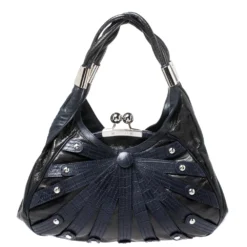 Versace Black/Navy Blue Leather Limited Edition Kiss Lock Satchel For Women