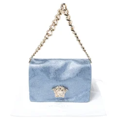 Versace Light Blue Crystal Embellished Shimmer Leather Sultan Shoulder Bag For Women -Versace Official Website luxury women versace used handbags p257631 002