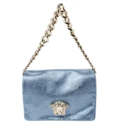 Versace Light Blue Crystal Embellished Shimmer Leather Sultan Shoulder Bag For Women