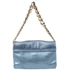 Versace Light Blue Crystal Embellished Shimmer Leather Sultan Shoulder Bag For Women -Versace Official Website luxury women versace used handbags p257631 007