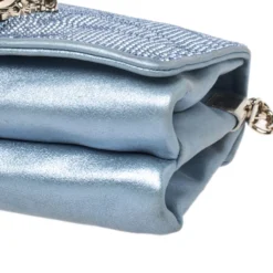 Versace Light Blue Crystal Embellished Shimmer Leather Sultan Shoulder Bag For Women -Versace Official Website luxury women versace used handbags p257631 010