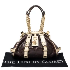 Versace Brown/Cream Croc Embossed Leather Madonna Boston Bag For Women -Versace Official Website luxury women versace used handbags p258575 002