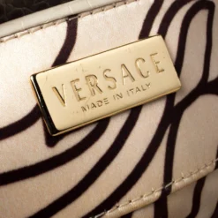 Versace Brown/Cream Croc Embossed Leather Madonna Boston Bag For Women -Versace Official Website luxury women versace used handbags p258575 003