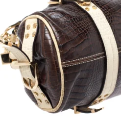 Versace Brown/Cream Croc Embossed Leather Madonna Boston Bag For Women -Versace Official Website luxury women versace used handbags p258575 006