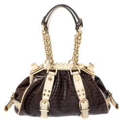 Versace Brown/Cream Croc Embossed Leather Madonna Boston Bag For Women -Versace Official Website luxury women versace used handbags p258575 008