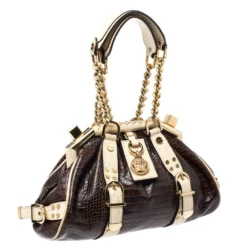 Versace Brown/Cream Croc Embossed Leather Madonna Boston Bag For Women -Versace Official Website luxury women versace used handbags p258575 009