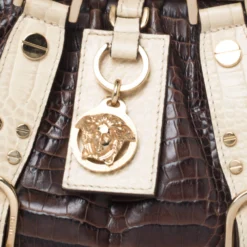 Versace Brown/Cream Croc Embossed Leather Madonna Boston Bag For Women -Versace Official Website luxury women versace used handbags p258575 010