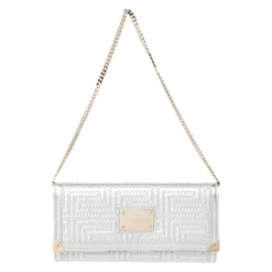 Versace Metallic White Quilted Leather Flap Chain Clutch For Women