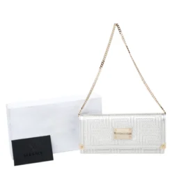 Versace Metallic White Quilted Leather Flap Chain Clutch For Women -Versace Official Website luxury women versace used handbags p260644 003