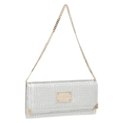 Versace Metallic White Quilted Leather Flap Chain Clutch For Women -Versace Official Website luxury women versace used handbags p260644 011