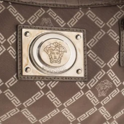 Versace Metallic Beige Signature Canvas And Leather Boston Bag For Women -Versace Official Website luxury women versace used handbags p261087 009