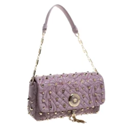 Versace Lilac Studded Leather Vanitas Flap Shoulder Bag For Women -Versace Official Website luxury women versace used handbags p261340 008