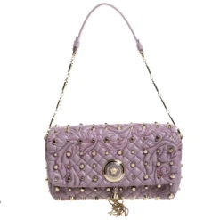 Versace Lilac Studded Leather Vanitas Flap Shoulder Bag For Women