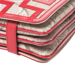 Versace Beige/Red Coated Canvas And Patent Leather Flap Shoulder Bag For Women -Versace Official Website luxury women versace used handbags p263222 003