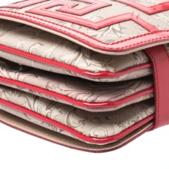 Versace Beige/Red Coated Canvas And Patent Leather Flap Shoulder Bag For Women -Versace Official Website luxury women versace used handbags p263222 004