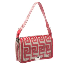Versace Beige/Red Coated Canvas And Patent Leather Flap Shoulder Bag For Women -Versace Official Website luxury women versace used handbags p263222 007