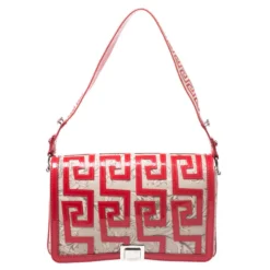 Versace Beige/Red Coated Canvas And Patent Leather Flap Shoulder Bag For Women
