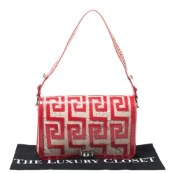 Versace Beige/Red Coated Canvas And Patent Leather Flap Shoulder Bag For Women -Versace Official Website luxury women versace used handbags p263222 010