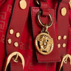 Versace Red Fabric Madonna Boston Bag For Women -Versace Official Website luxury women versace used handbags p263224 005