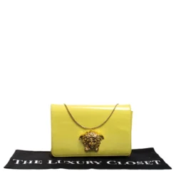 Versace Neon Yellow Patent Leather Medusa Chain Clutch For Women -Versace Official Website luxury women versace used handbags p263821 001