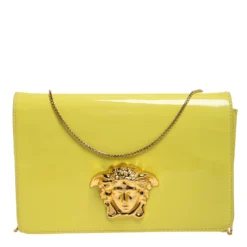 Versace Neon Yellow Patent Leather Medusa Chain Clutch For Women